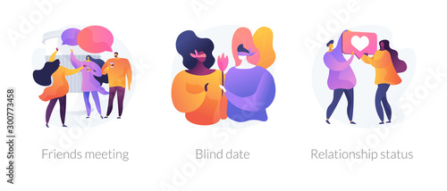 Friendship and communication, flirt and partner search, romantic bonding icons set. Friends meeting, blind date, relationship status metaphors. Vector isolated concept metaphor illustrations