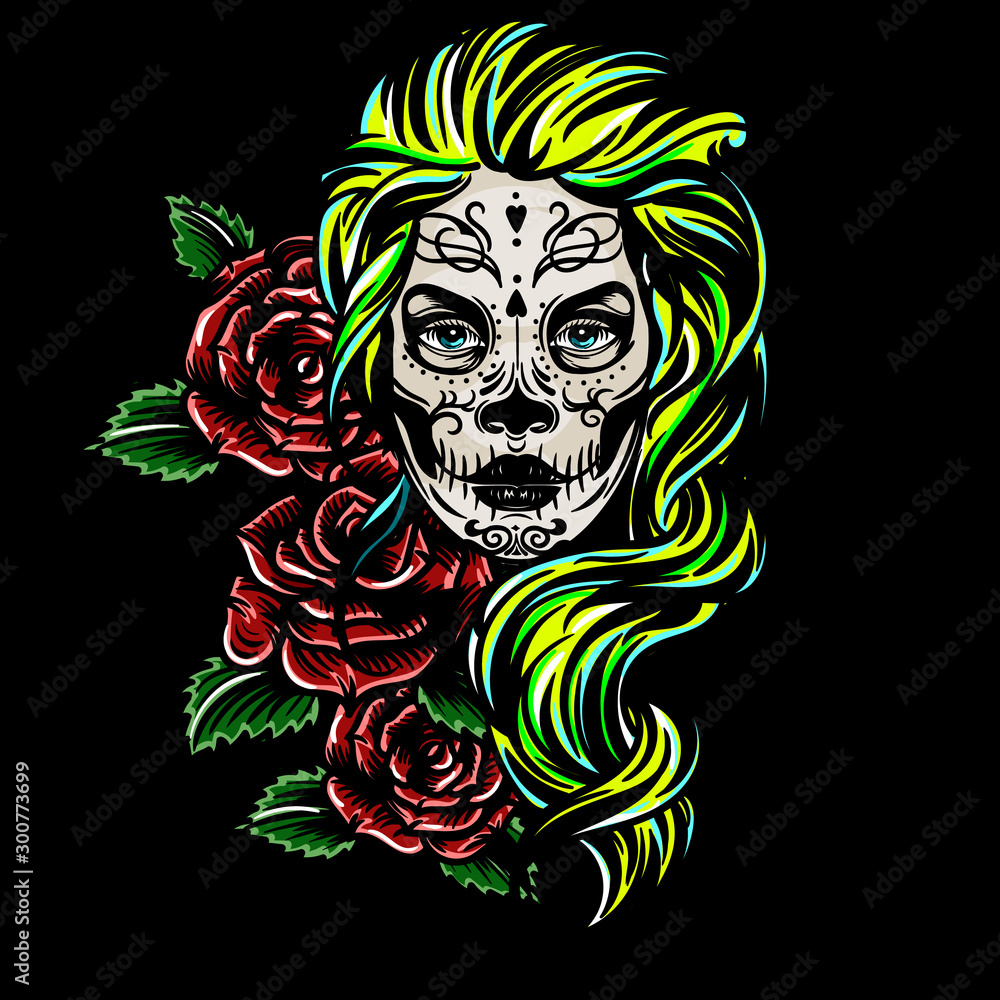 Fototapeta premium Vector hand drawn colorful tattoo illustration of skull girl with roses. Skull sugar flower. Skull tattoo isolated on black background.Day Of The Dead Skull.