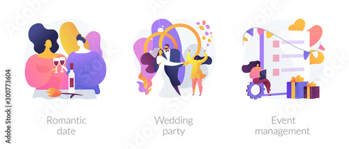 Love and romance, marriage ceremony, professional event planning service icons set. Romantic date, wedding party, event management metaphors. Vector isolated concept metaphor illustrations