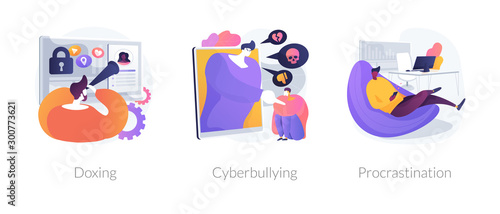 Online privacy violation, internet harassment problem, task delay and laziness icons set. Doxing, cyberbullying, procrastination metaphors. Vector isolated concept metaphor illustrations