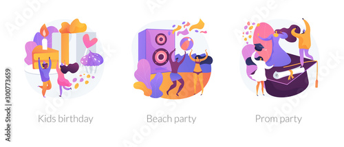 Children anniversary celebration, summer season discotheque, school graduation ball icons set. Kids birthday, beach party, prom party metaphors. Vector isolated concept metaphor illustrations