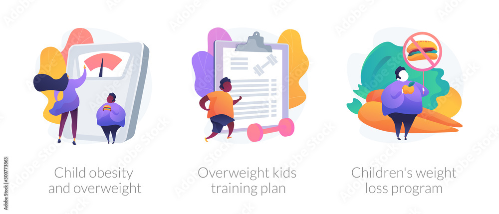 Unhealthy lifestyle, vegetarian diet icons set. Child obesity and overweight, overweight kids training plan, childrens weight loss program metaphors. Vector isolated concept metaphor illustrations