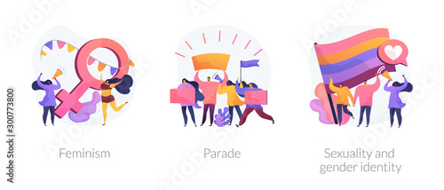 Women empowerment movement, gay pride demonstration, asserting rights icons set. Feminism, parade, sexuality and gender identity metaphors. Vector isolated concept metaphor illustrations