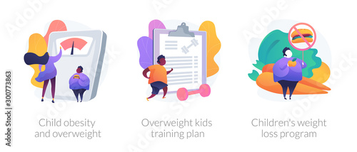 Unhealthy lifestyle, vegetarian diet icons set. Child obesity and overweight, overweight kids training plan, childrens weight loss program metaphors. Vector isolated concept metaphor illustrations