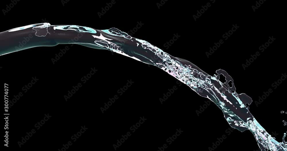 Transparent liquid pouring slow motion animation. Liquid drops and splashes twirl realistic 3d footage. Crystal clear water flowing isolated on black background. Fluid streaming dynamic video