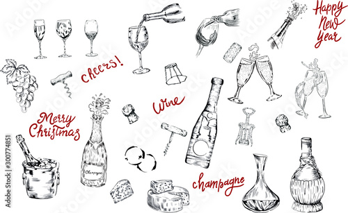 set of elements for design. wine, corks, corkscrews, wine glasses , wine smears, champagne, prosecco, lettering  