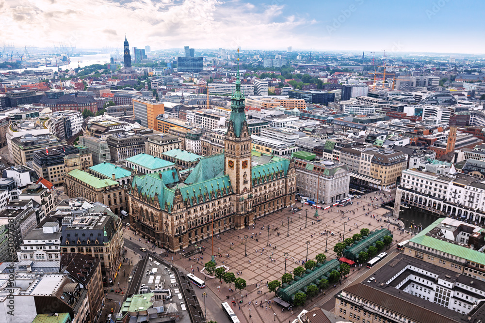 Downtown of Hamburg with the view of town hall, aerial panorama, Germany