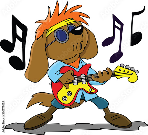 Brown cartoon dog playing electronic guitar and singing rock and roll vector illustration