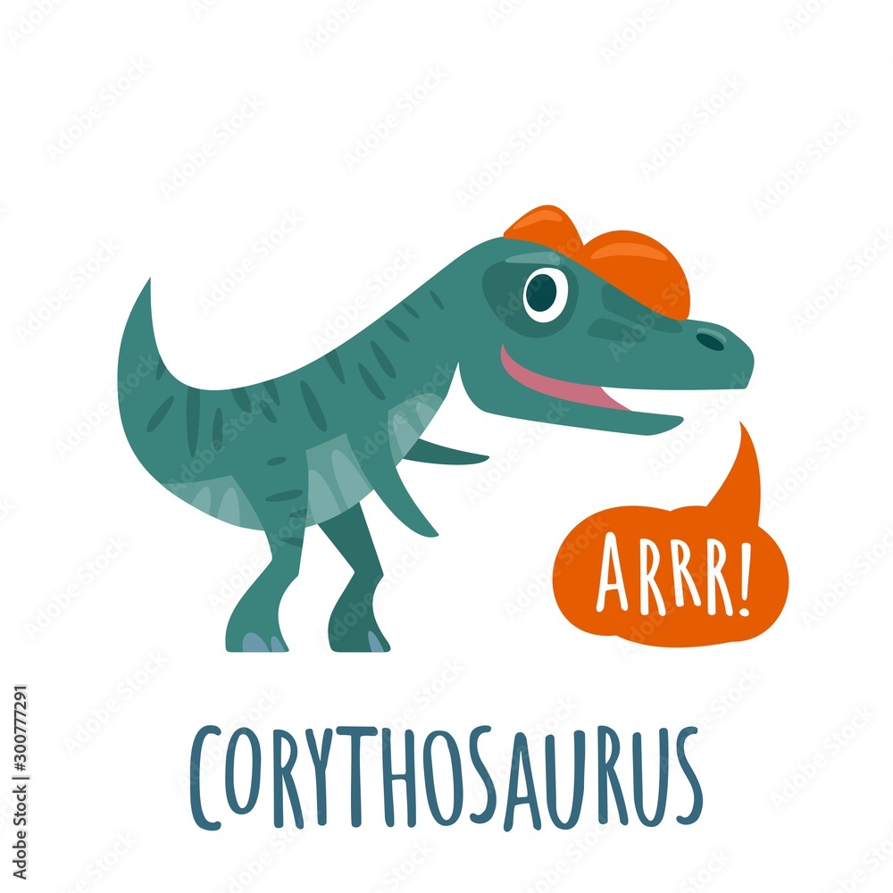 Obraz premium Dinosaur speaks ARRR. Vector colorful flat illustration. Lettering corythosaurus