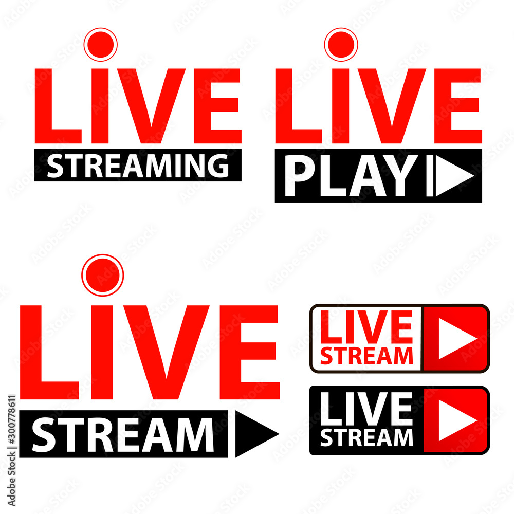 Set of live streaming icon. Red button live web tv online broadcasting.  Online stream template, Isolated on white background. Vector illustration  for show performance, video, logo. Play media news tag Stock Vector