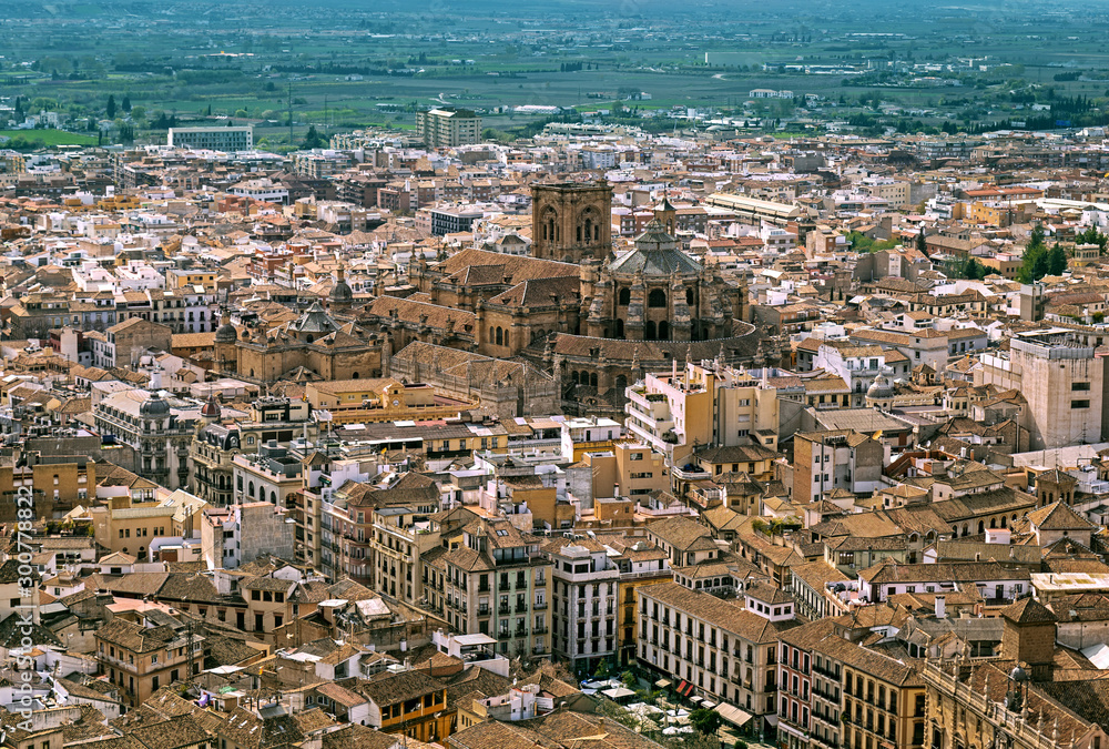 Aerial panorama of Granada with the Cathedral, Andalusia, Spain 