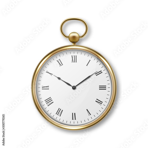 3d Realistic Metal Golden Old Vintage Pocket Watch with Roman Numerals Icon Closeup Isolated on White Background. Antique Clock Face, Design Template, Stock Vector Illustration. Top View