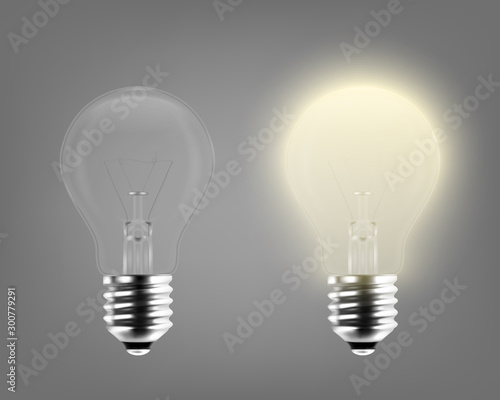 Vector 3d Realistic Turning On and Off Light Bulb Icon Set Closeup Isolated on Gray Background. Glowing Incandescent Filament Lamps. Creativity Idea, Business Innovation Concept. Front View