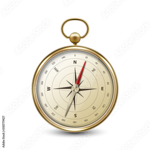 Vector 3d Realistic Metal Golden Antique Old Vintage Compass with Windrose Icon Closeup Isolated on White Background. Design Template. Travel, Navigation Concept. Front View