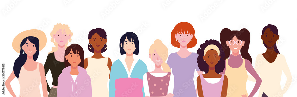 card of women with different poses on white background