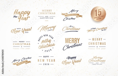 Merry Christmas and Happy New Year 2020 Typography set. Collection of emblems, text design. Usable for banners, greeting cards, gifts etc.