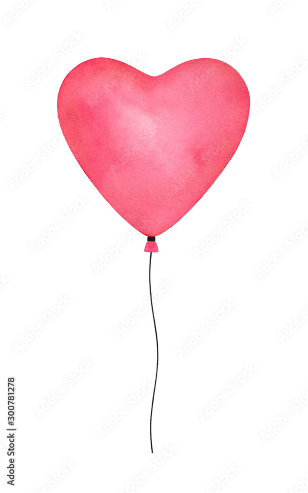 Pink heart-shaped balloon on waving twine. Sign of love, romance, happiness, joy, cheer. One single object. Hand painted water color graphic illustration, cut out clip art element for festive design.