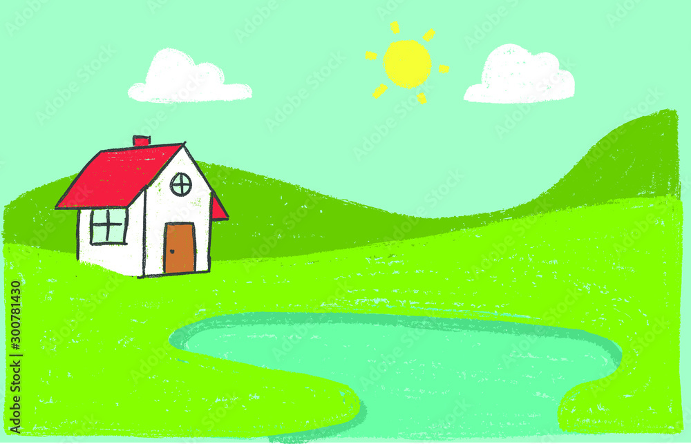 Naklejka premium Vector kid's illustration of green landscape of sunny morning with a cute house on the hills