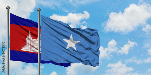 Cambodia and Somalia flag waving in the wind against white cloudy blue sky together. Diplomacy concept, international relations.