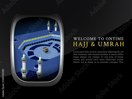 Hajj & Umrah view from Airplane window vector illustrator design for flyer poster template background