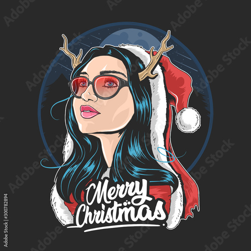 SANTA CLAUS GIRL DEER HORN USE GLASSES ARTWORK VECTOR EDITABLE LAYER