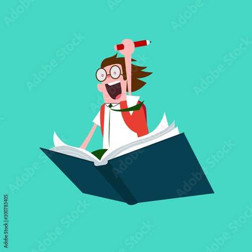 Cartoon character happy pupil or student, excited face on huge book flying in sky, back to school fantasy concept.