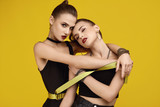 Two elegant glamor hipster twin girls in fashion black dresses