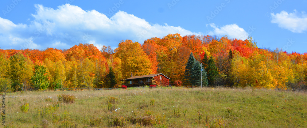 Fall landscape eastern townships Bromont Quebec province Canada - obrazy, fototapety, plakaty 