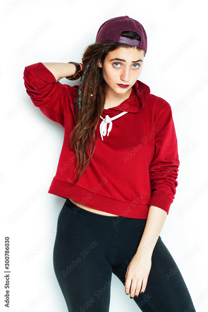real caucasian woman with dreadlocks hairstyle funny cheerful faces on white, lifestyle people concept real caucasian woman with dreadlocks hairstyle funny cheerful faces on white, lifestyle people concept
