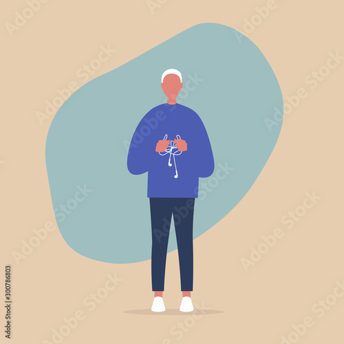 Young male character holding a knot of tangled earphones, millennial lifestyle