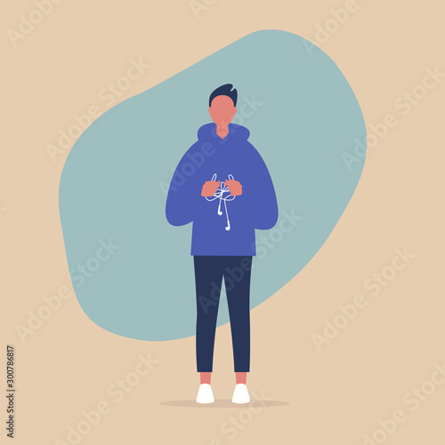 Young male character holding a knot of tangled earphones, millennial lifestyle