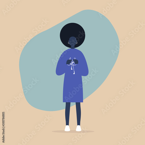 Young black female character holding a knot of tangled earphones, millennial lifestyle