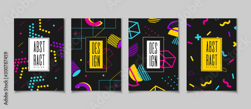 Set cards in the style of the 80s with multicolored geometric shapes on the black background. Illustration for hipsters Memphis style