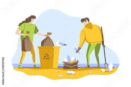 Volunteers clean up waste on the ocean coast. People collect garbage in bags on the beach. Vector illustration in a flat style