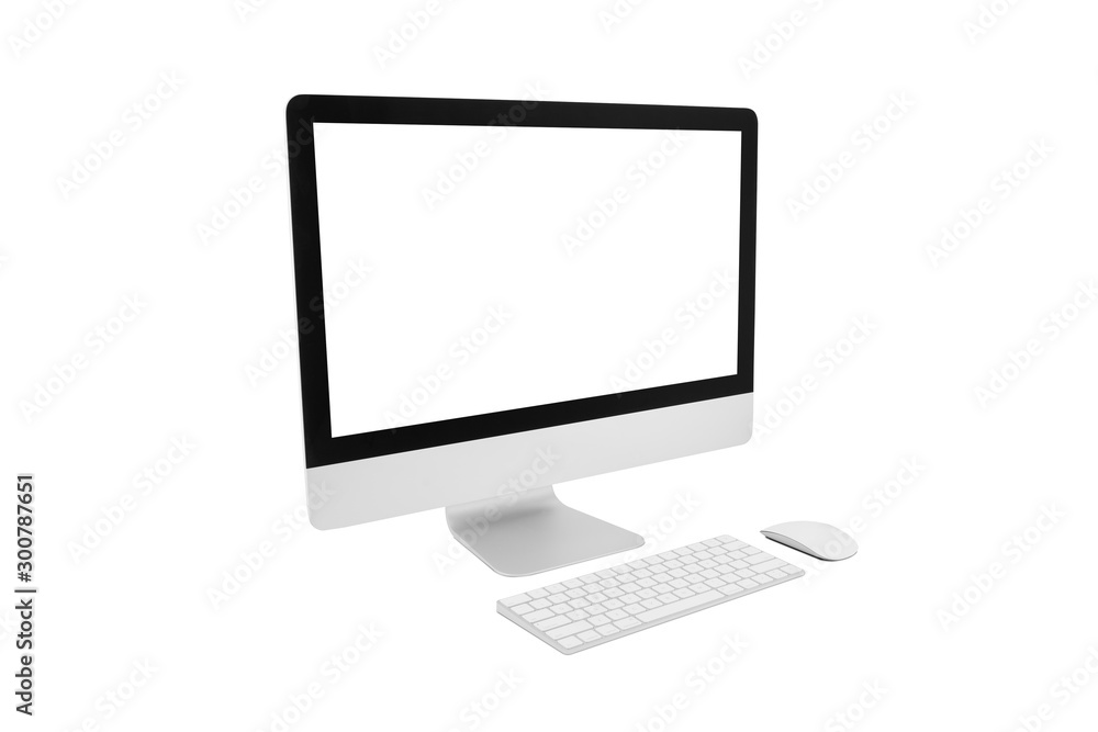 Perspective view desktop computer modern style with simplicity blank screen isolated on white background, monitor wide screen for work of business, hardware computer, object and technology concept. Perspective view desktop computer modern style with simplicity blank screen isolated on white background, monitor wide screen for work of business, hardware computer, object and technology concept.