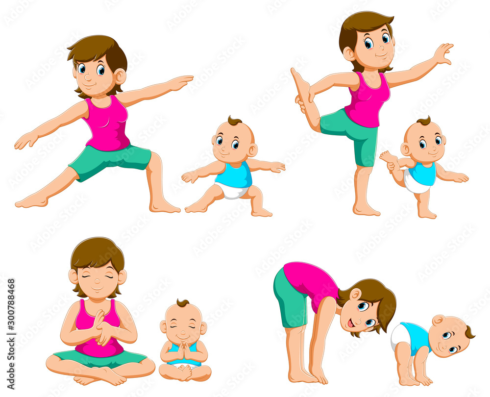 Collection of Young mothers and their babies doing yoga exercises Collection of Young mothers and their babies doing yoga exercises