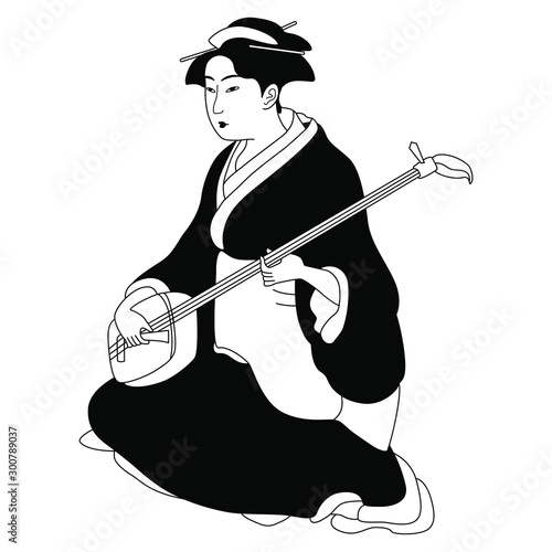 Sitting Japanese woman or geisha in kimono playing the shamisen.  Black and white silhouette.