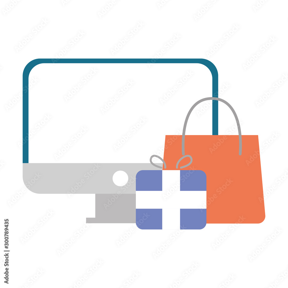 desktop computer with gift and shopping bag desktop computer with gift and shopping bag