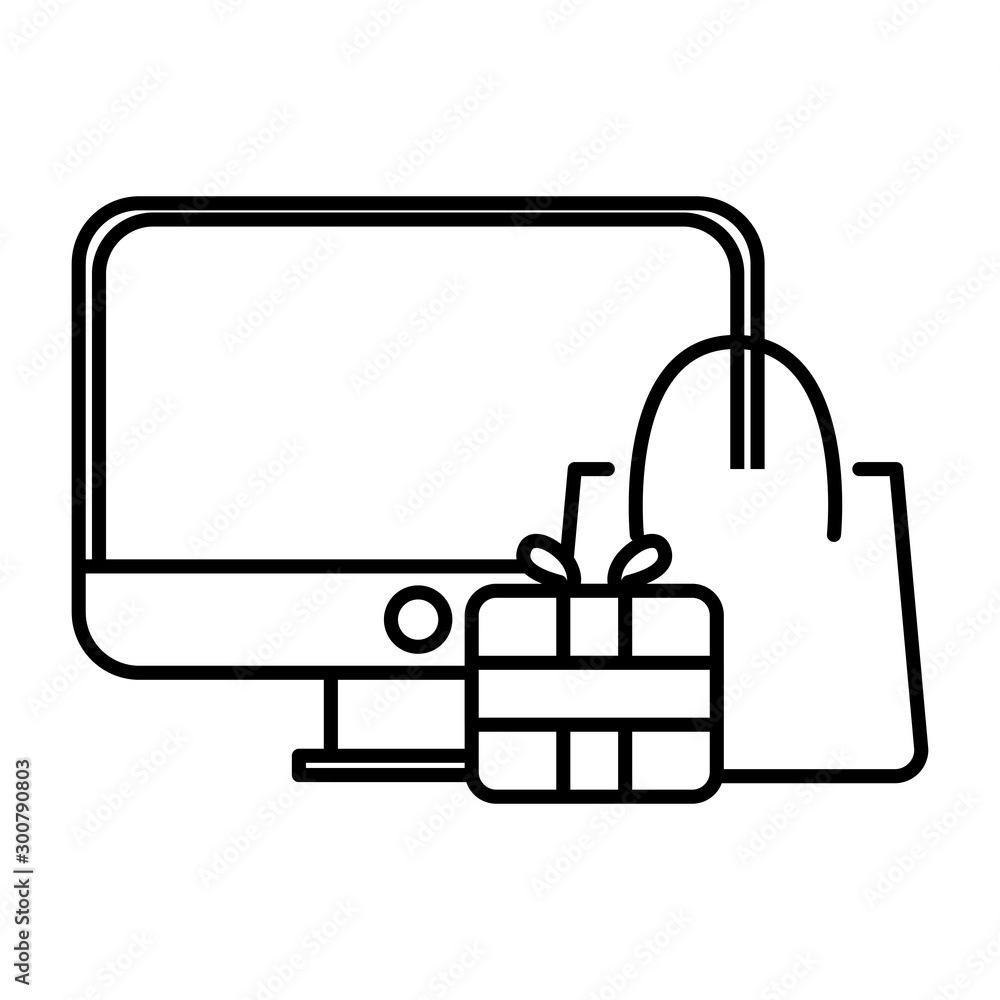 Fototapeta premium desktop computer with gift and shopping bag