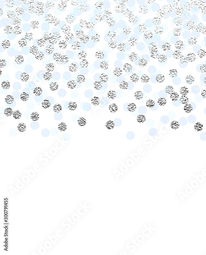 Silver glitter and blue circles border on white background.