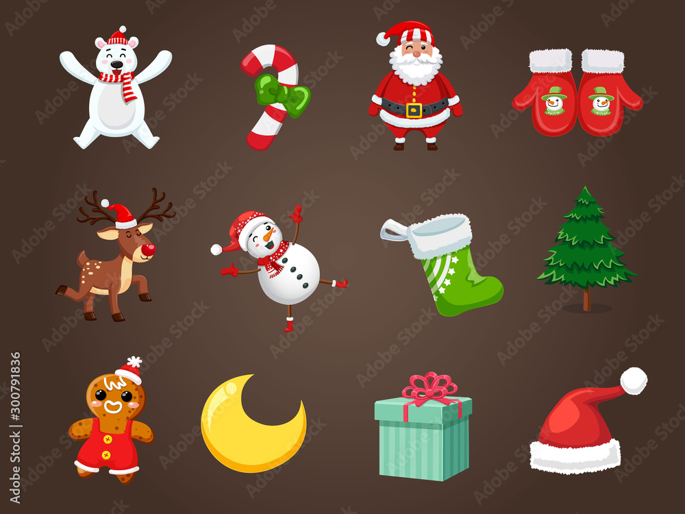 Fototapeta premium Set of Christmas icons. Celebration event for Merry Christmas and New Year. Vector clipart illustration on color background