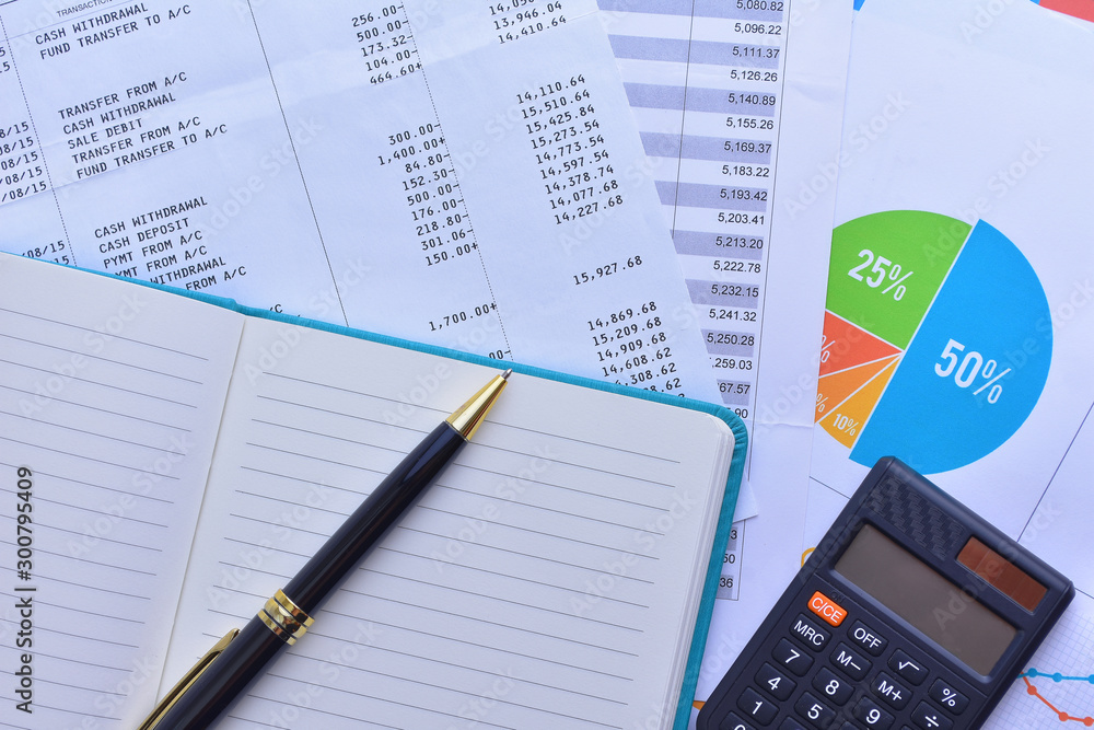Pen, calculator and account reports. Business and finance concepts Pen, calculator and account reports. Business and finance concepts