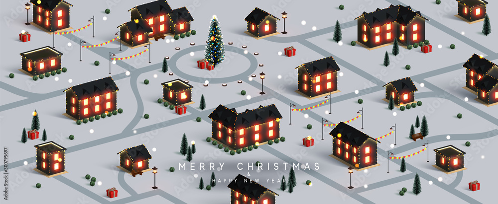 Christmas night city. Winter Xmas village landscape, cottage town and country, Decorated with New Year garland, blur lights bokeh. Festive banner, web poster, greeting card, cover. Vector illustration