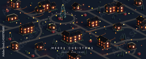 Christmas night city. Winter Xmas village landscape, cottage town and country, Decorated with New Year garland, blur lights bokeh. Festive banner, web poster, greeting card, cover. Vector illustration