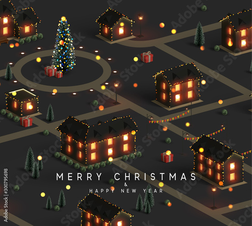 Christmas night city. Winter Xmas village landscape, cottage town and country, Decorated with New Year garland, blur lights bokeh. Festive banner, web poster, greeting card, cover. Vector illustration