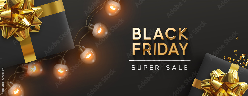Black Friday sale banner. Background design of sparkling lights garland, realistic gifts box, glitter gold confetti. Horizontal christmas poster, greeting cards, headers website - obrazy, fototapety, plakaty 