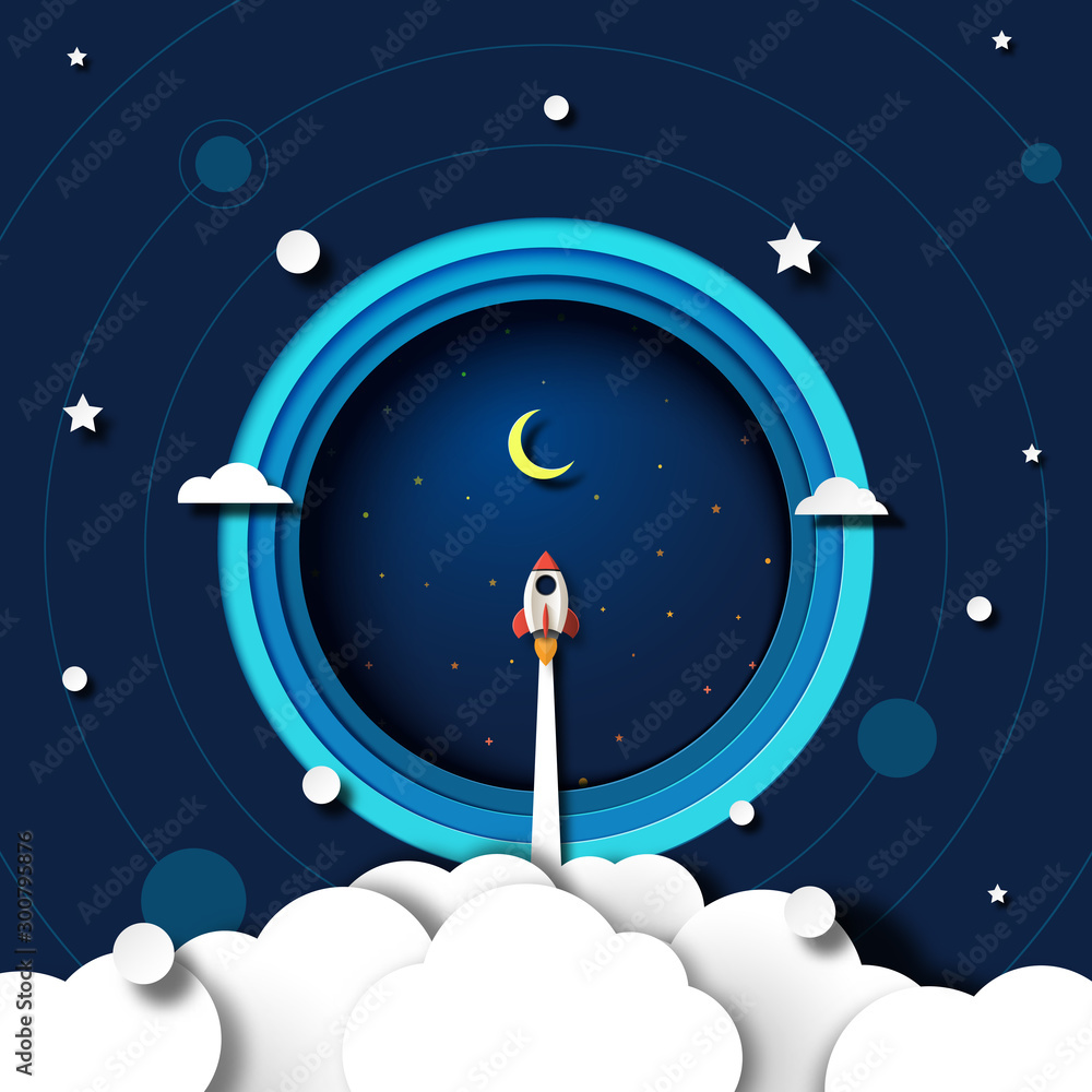 Paper art of rocket ship launch explore to galaxy outer space template ...