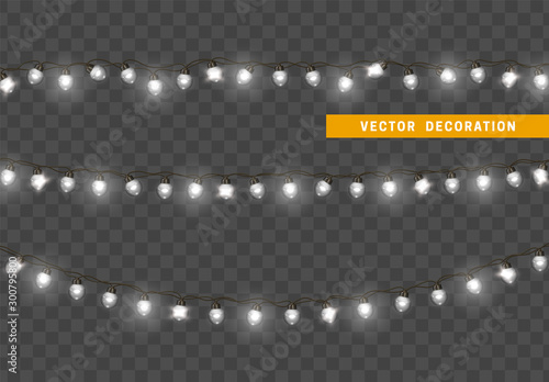 Christmas lights. Design element, decorations new year glowing lights. Decorative Xmas realistic objects. Holiday decor set of garlands. Isolated on transparent background. vector illustration