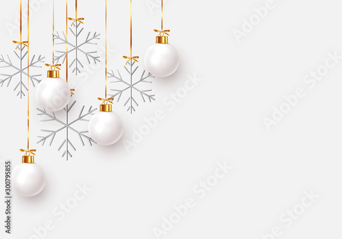 Christmas balls background. Hanging white Xmas decorative bauble, 3d silver metallic snowflakes on the ribbon. Festive vector realistic decor ornaments