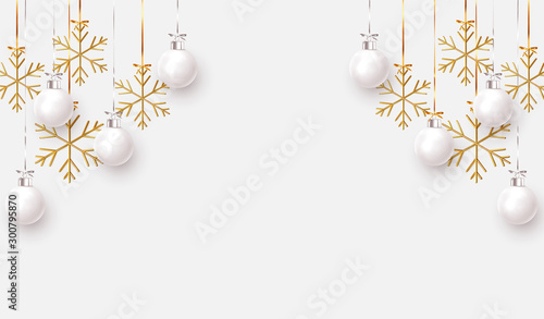 Christmas balls background. Hanging white Xmas decorative bauble, 3d golden metallic snowflakes on the ribbon. Festive vector realistic decor ornaments